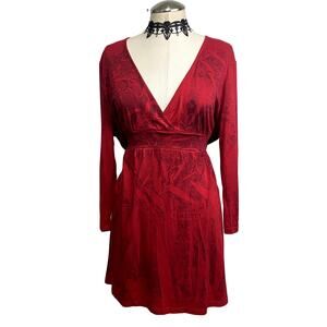 Vtg Y2k 90s Red Grunge Gothic Mallgoth Filigree Faux Wrap 3/4 Sleeve Mini Dress